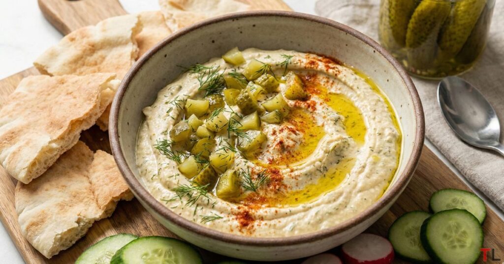 A bowl of creamy dill pickle hummus topped with chopped pickles, fresh dill weed, and olive oil, surrounded by pita bread and sliced cucumbers for dipping