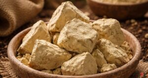 Raw chunks of Multani Mitti (Fuller's Earth) clay in a wooden bowl, showing its natural earthy texture