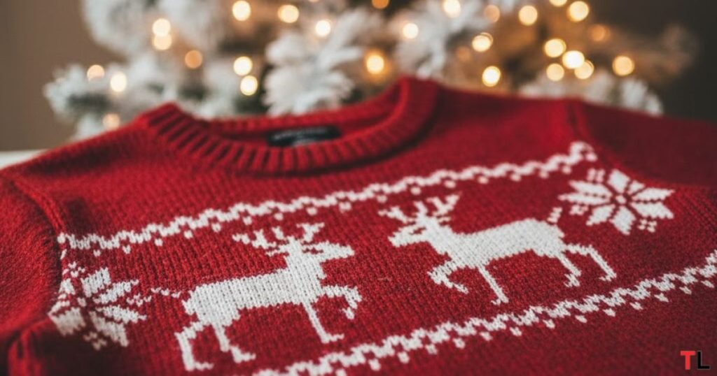 Close up of high quality knit kids christmas featuring a cute reindeer face