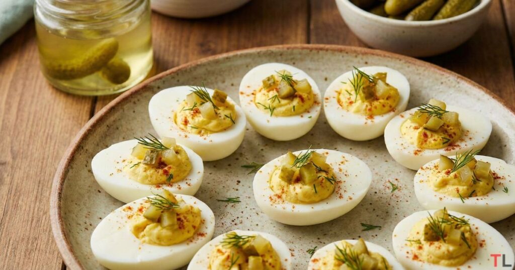 Close-up of deviled eggs arranged on a tray, featuring a bright yellow filling made with pickle brine and topped with chopped pickles