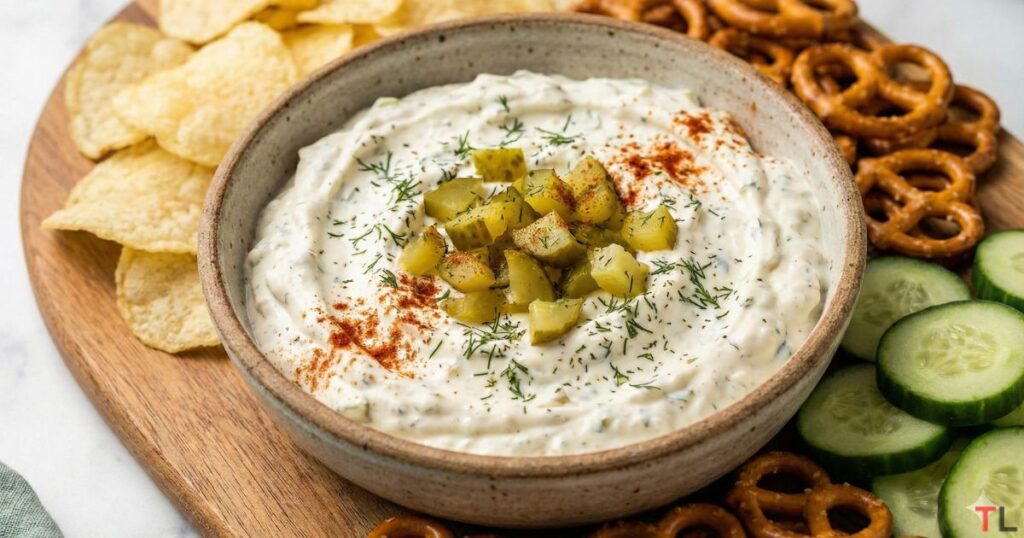 Creamy dill pickle dip in a bowl garnished with fresh dill and chopped pickles, surrounded by potato chips for dipping