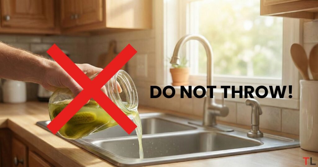 Hand Holding a jar of leftover pickle juice with a sign do not throw