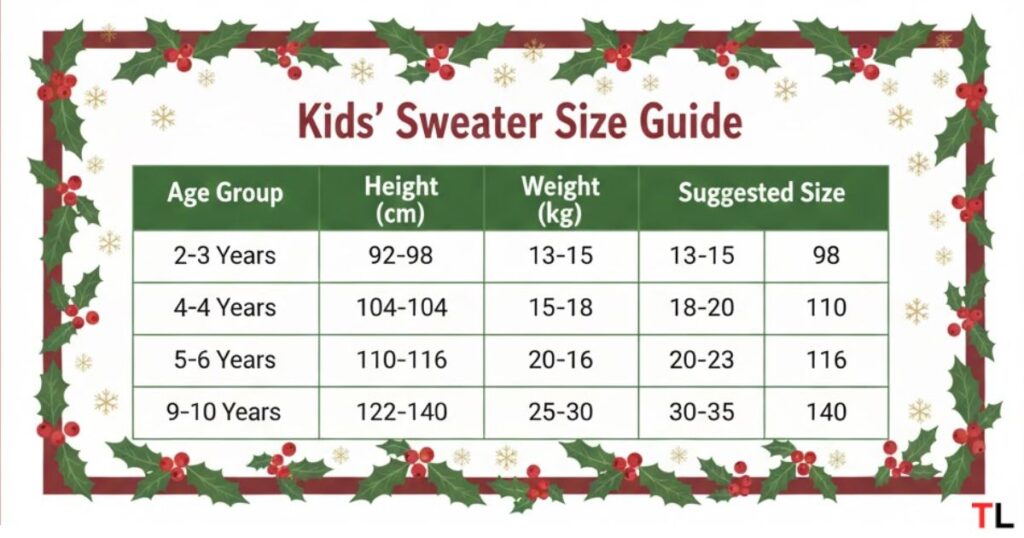 Kids Christmas sweater size chart cm and inches for Indian brands